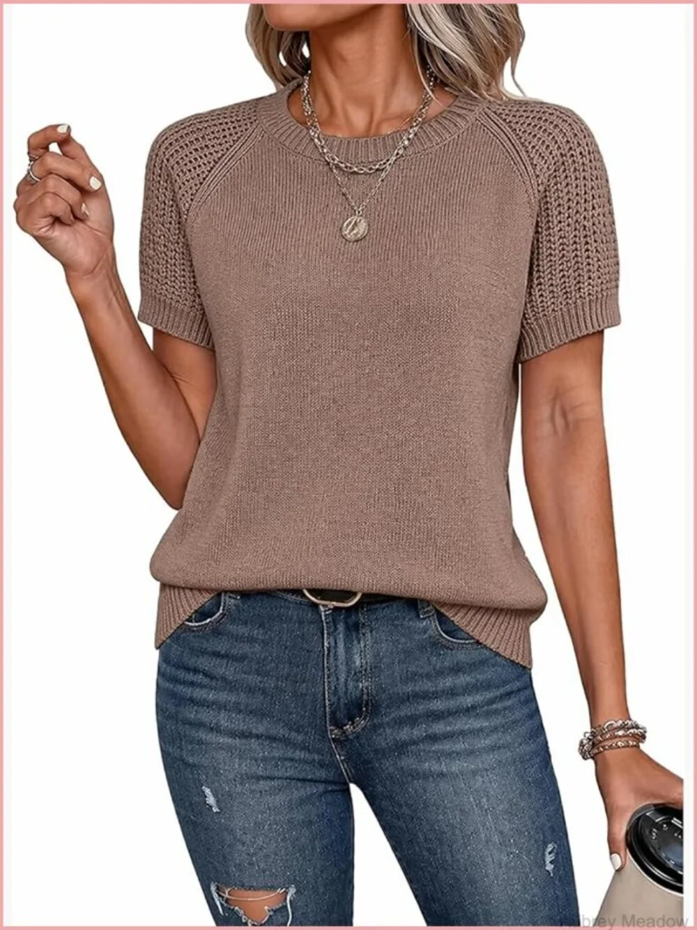 Short Sleeve Lightweight Knit Pullover Sweater Crew Neck Puff Sleeve Casual Top